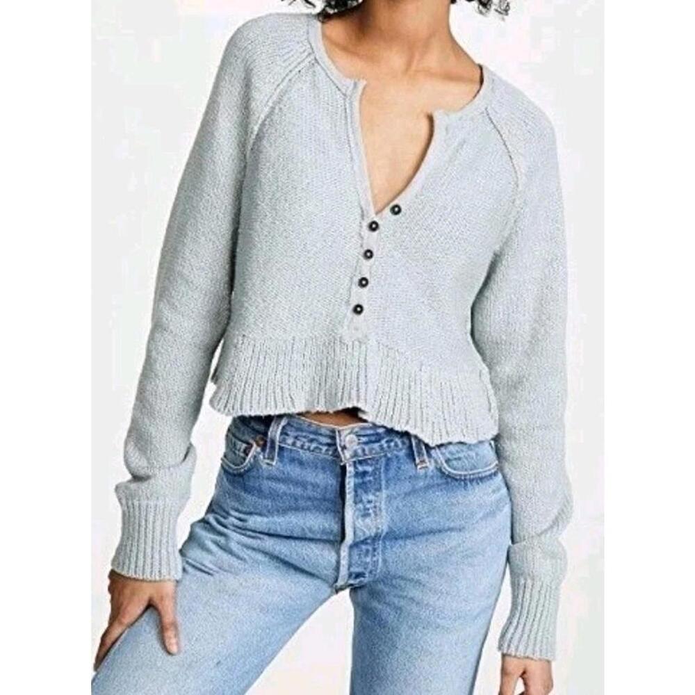 Free People Henley Sweater‎ Small Dusk Blue Oversized